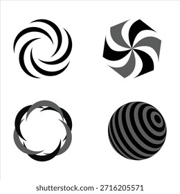Conjunto de cuatro iconos de logotipo geométrico Abstractas en negro y gris, movimiento giratorio, remolino y Ilustración vectorial de símbolos de esfera rayada
