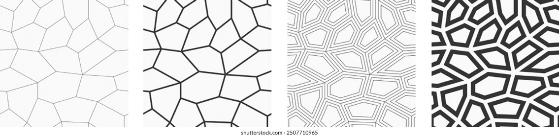 Conjunto de cuatro patrones geométricos abstractos de Vector sin costuras de baja poli con azulejos. Diseño minimalista. Bajo arte poli. Fondo poligonal monocromo de contorno de Vector. Patrones sin costuras de azulejos.