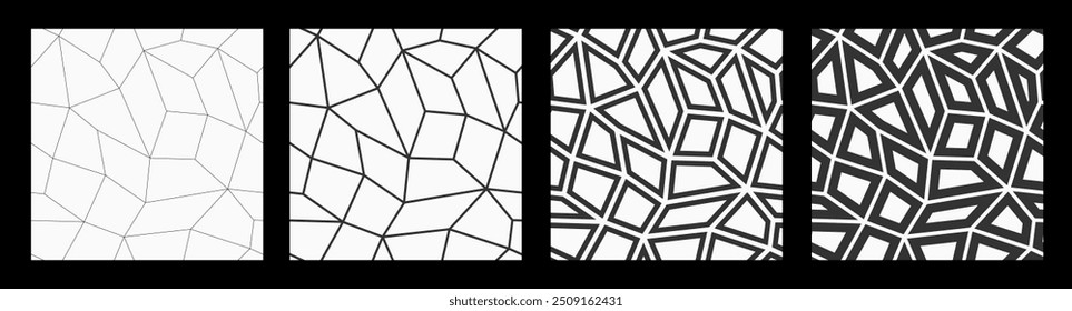 Set of four abstract geometric low poly seamless vector patterns with tiles. Minimalistic design. Low poly art. Vector monochrome polygonal backgrounds. Tiled seamless patterns.