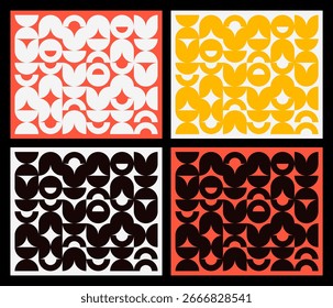 Conjunto de quatro padrões de mosaico geométrico abstrato em um estilo negrito retrô. Coleção de fundos minimalistas com semicírculo e formas de arco em vários esquemas de cores