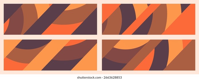 Set of four abstract geometric panels composed of intersecting curves and diagonal lines in warm earth tones like burnt orange, ochre, and deep brown. Ideal for backgrounds, wall art or web design.