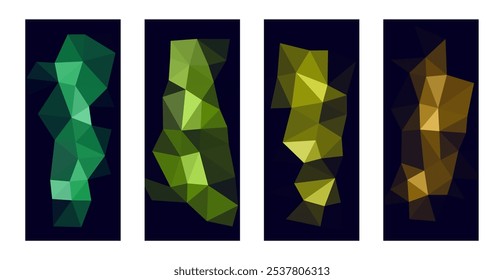 Conjunto de cuatro fondos poligonales geométricos abstractos con Gradientes de color azul, verde, amarillo y oro.