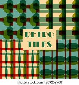 Set of four abstract geometric retro seamless tiles. Retro wallpaper texture. Vintage pattern for design uses, web and printed media. Colorful wrapping paper.