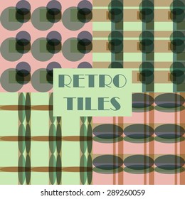 Set of four abstract geometric retro seamless tiles. Retro wallpaper texture. Vintage pattern for design uses, web and printed media. Colorful wrapping paper.