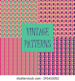 Set of four abstract geometric retro seamless tiles. Retro wallpaper texture. Vintage pattern for design uses, web and printed media. Colorful wrapping paper.