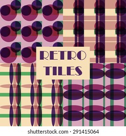 Set of four abstract geometric retro seamless tiles. Retro wallpaper texture. Vintage pattern for design uses, web and printed media. Colorful wrapping paper.