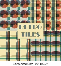 Set of four abstract geometric retro seamless tiles. Retro wallpaper texture. Vintage pattern for design uses, web and printed media. Colorful wrapping paper.