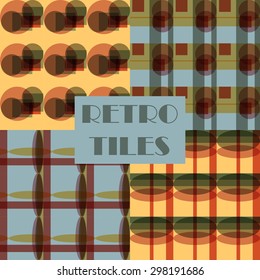 Set of four abstract geometric retro seamless tiles. Retro wallpaper texture. Vintage pattern for design uses, web and printed media. Colorful wrapping paper.