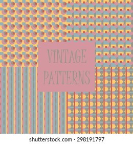 Set of four abstract geometric retro seamless tiles. Retro wallpaper texture. Vintage pattern for design uses, web and printed media. Colorful wrapping paper.