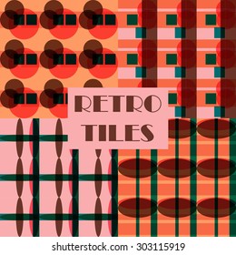 Set of four abstract geometric retro seamless tiles. Retro wallpaper texture. Vintage pattern for design uses, web and printed media. Colorful wrapping paper.