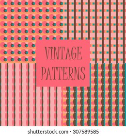 Set of four abstract geometric retro seamless tiles. Retro wallpaper texture. Vintage pattern for design uses, web and printed media. Colorful wrapping paper.