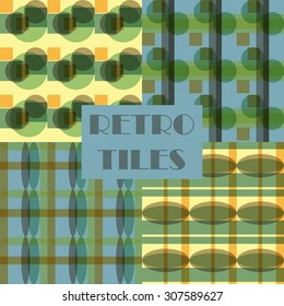 Set of four abstract geometric retro seamless tiles. Retro wallpaper texture. Vintage pattern for design uses, web and printed media. Colorful wrapping paper.