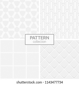 Set of four abstract geometric seamless patterns. Modern stylish backgrounds. White and gray geometric textures. Diagonal lines, arrows, rhombuses, tiles. Repeating geometric ornaments.