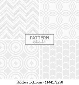 Set of four abstract geometric seamless patterns. Modern stylish backgrounds. White and gray geometric textures. Stylized flowers of four petals, symmetric geometric shapes, geometric ornaments.