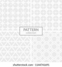 Set of four abstract geometric seamless patterns. Modern stylish backgrounds. White and gray geometric textures. Repeating geometric tiles with smooth rhombuses and circles, triangles.