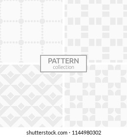 Set of four abstract geometric seamless patterns. Modern stylish backgrounds. White and gray geometric textures. Dotted squares, rounded tiles, rectangle tiles, rhombuses, triangular shapes.