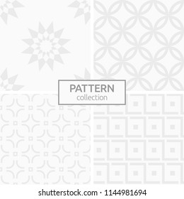 Set of four abstract geometric seamless patterns. Modern stylish backgrounds. White and gray geometric textures. Regular repeating geometric shapes. Strars, quatrefoils, smooth lines and squares.