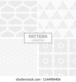 Set of four abstract geometric seamless patterns. Modern stylish backgrounds. White and gray geometric textures. Repeating geometric tiles of hexagons, striped triangles, floral texture.