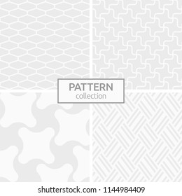 Set of four abstract geometric seamless patterns. Modern stylish backgrounds. White and gray geometric textures. Regularly repeating smooth swirling shapes, inclined stripes, hexagon tiles.