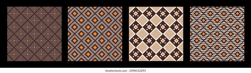 Conjunto de cuatro patrones abstractos de rombuses de vector geométricos sin costura. Baldosas de rombos repetitivos. Rombos a rayas. Ornamentos de color geométrico. Marrón, naranja, beige. Fondos vectoriales de color.