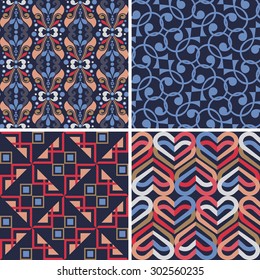 Set of four abstract geometric seamless patterns. Butterflies, Indian patchwork quilt, linked hearts.