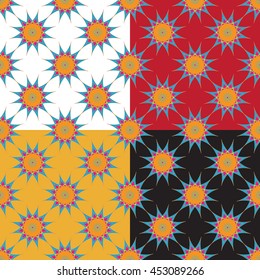 Set of four abstract geometric seamless pattern on color background.