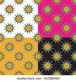 Set of four abstract geometric seamless pattern on color background.