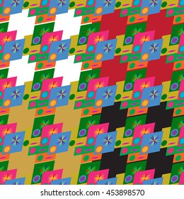 Set of four abstract geometric seamless pattern on color background.