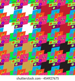 Set of four abstract geometric seamless pattern on color background.