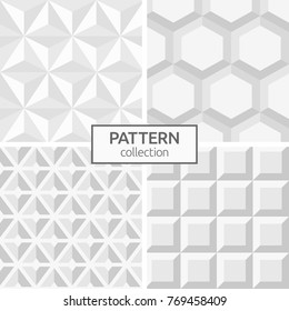 Set of four abstract geometric seamless patterns. Modern stylish backgrounds. White and gray geometric textures of triangles, hexagons, square tiles, symmetric shapes. Vector backgrounds.