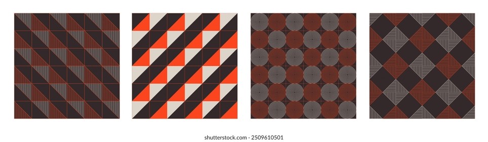 Conjunto de cuatro patrones de color sin costuras de Vector geométrico abstracto. Fondos de Vector con Formas geométricas simples coloridas. Azulejos geométricos estriados. Diseño de la cubierta. colección de patrones de Vector.