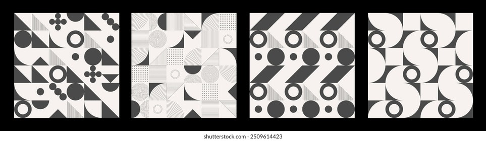 Set of four abstract geometric vector seamless monochrome patterns. Vector backgrounds with simple geometrical shapes. Bauhaus constructive style tiles. Cover design. Vector patterns collection.