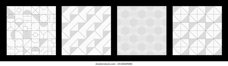 Set of four abstract geometric vector seamless monochrome patterns. Vector outline backgrounds with simple geometrical shapes. Bauhaus constructive style tiles. Cover design. Vector patterns collectio