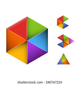 Set of four abstract geometrical symbols, isolated, can be used as logotypes, icons. Based on triangle shapes. 