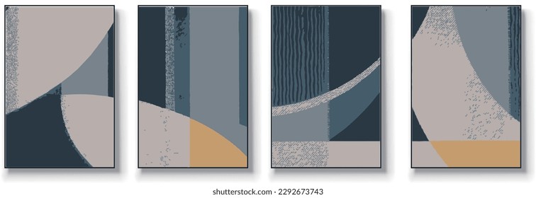 Set of four abstract geometry, creative minimalist hand drawn illustration, abstract painting, geometric design, vintage grunge textured design, modern art geometry.