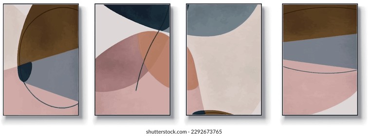 Set of four abstract geometry, creative minimalist hand drawn illustration, abstract painting, geometric design, vintage grunge textured design, modern art geometry.