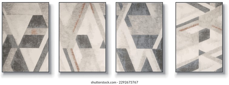 Set of four abstract geometry, creative minimalist hand drawn illustration, abstract painting, geometric design, vintage grunge textured design, modern art geometry.