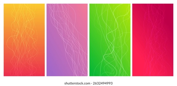 Set of four abstract gradient backgrounds with motion blurred white curves. Header banner. Bright abstract presentation backdrop. Vector illustration