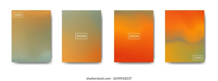 Conjunto de quatro planos de fundo de gradientes abstratos em tons suaves de laranja, vermelho e verde.