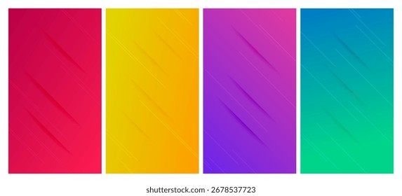 Conjunto de cuatro fondos degradados abstractos con líneas y sombras. Anuncio de encabezado. Fondo de presentación abstracto brillante. Ilustración vectorial
