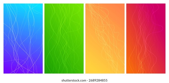Set of four abstract gradient backgrounds with motion blurred white curves. Header banner. Bright abstract presentation backdrop. Vector illustration