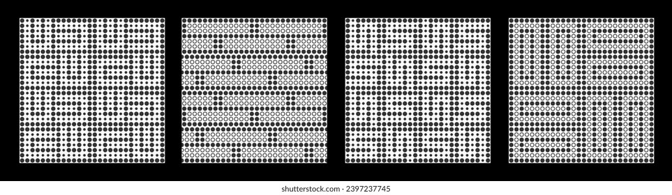 Set of four abstract grid halftone seamless vector patterns. Dotted shapes. Black and white vector backgrounds. Dots patterns. Spotted abstract textures.
