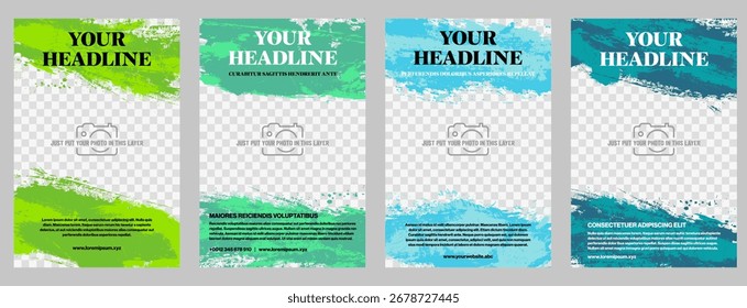 Set of four abstract grungy scratchy backgrounds with place for your photo and text. Poster or flyer template. Vector illustration.