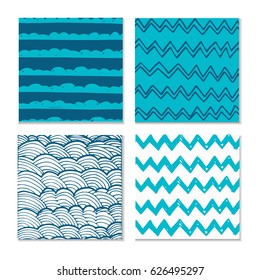Set of four abstract hand-drawn wave patterns. Background can be used for wallpaper, fills, surface texture, scrapbook, party decoration, t-shirt design, card, print, poster, invitation, packaging.