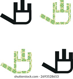 Ein Satz von vier abstrakten handförmigen Icons, präsentiert in einem minimalistischen, modernen Stil. Zwei Symbole sind einfarbige schwarze Umrisse mit einem weißen rechteckigen Raum im Palmenbereich. 