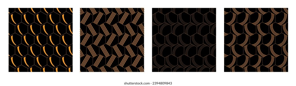 Set of four abstract hexagons vector patterns. Honeycomb abstract geometric thin lines backgrounds. Stylish geometric patterns. Orange hexagons with stripes inside, isolated on black backgrounds.
