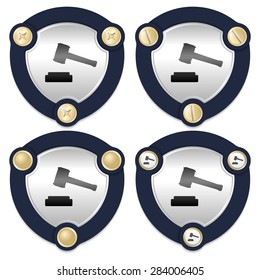 Set of four abstract icons and golden screws with the symbol of justice