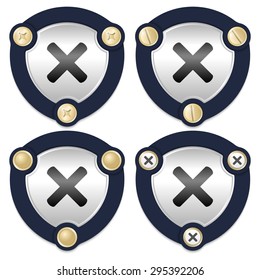 Set of four abstract icons with golden screws and multiplication symbol