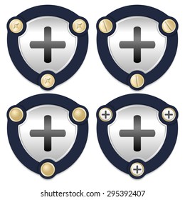 Set of four abstract icons with golden screws and plus symbol