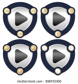 Set of four abstract icons with golden screws and play symbol